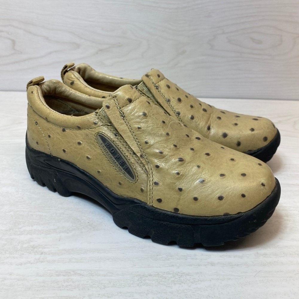 Roper Women 7 Slip On Shoes Western Ostrich Print Tan Leather Lug Sole Loafers